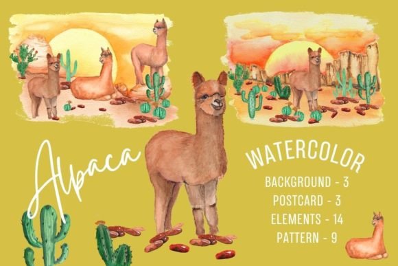 Set. Alpaca and Cacti. Watercolor