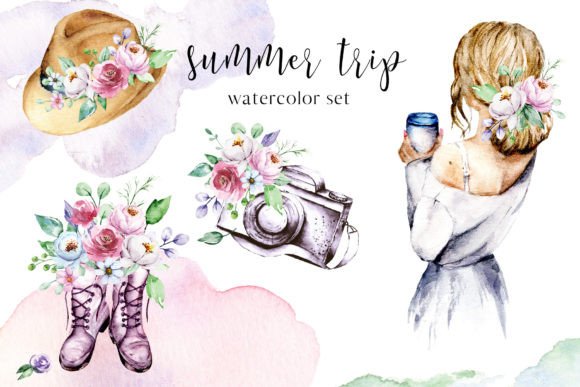 Watercolor Flower Set with Girl